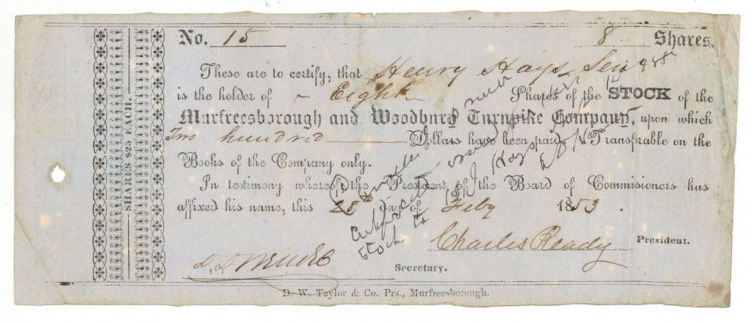 Murfreesborough and Woodbury Turnpike Co. - Stock Certificate - Early Turnpike S