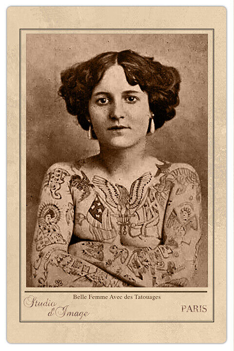 TATTOOED LADY FRANCE ca1907 Vintage Photograph Cabinet Card RP Tattoo