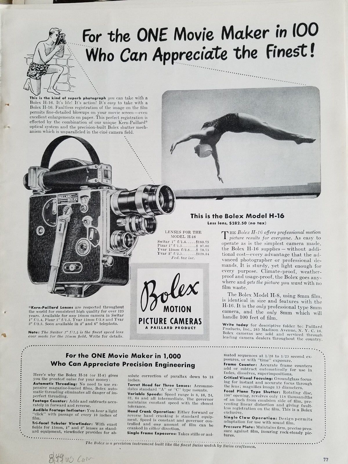 1949 Bolex Motion Picture Camera Model H-16 Swimmer Back Dive Diving Original Ad