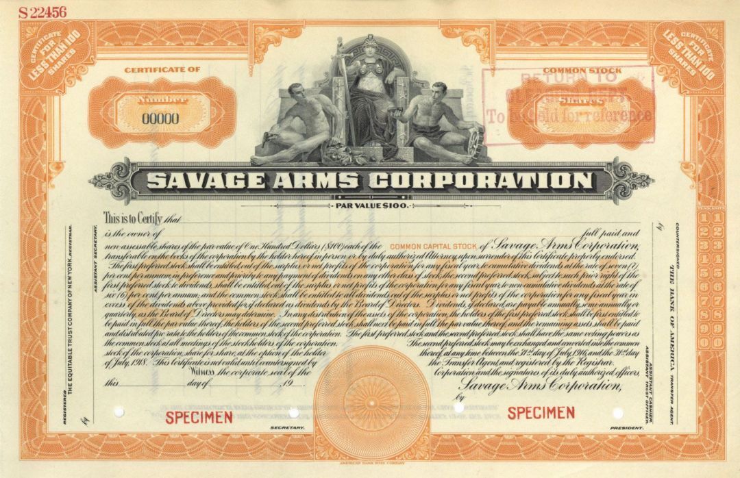 Savage Arms Corp. - Specimen Stock Certificate - Extremely Rare - Specimen Stock