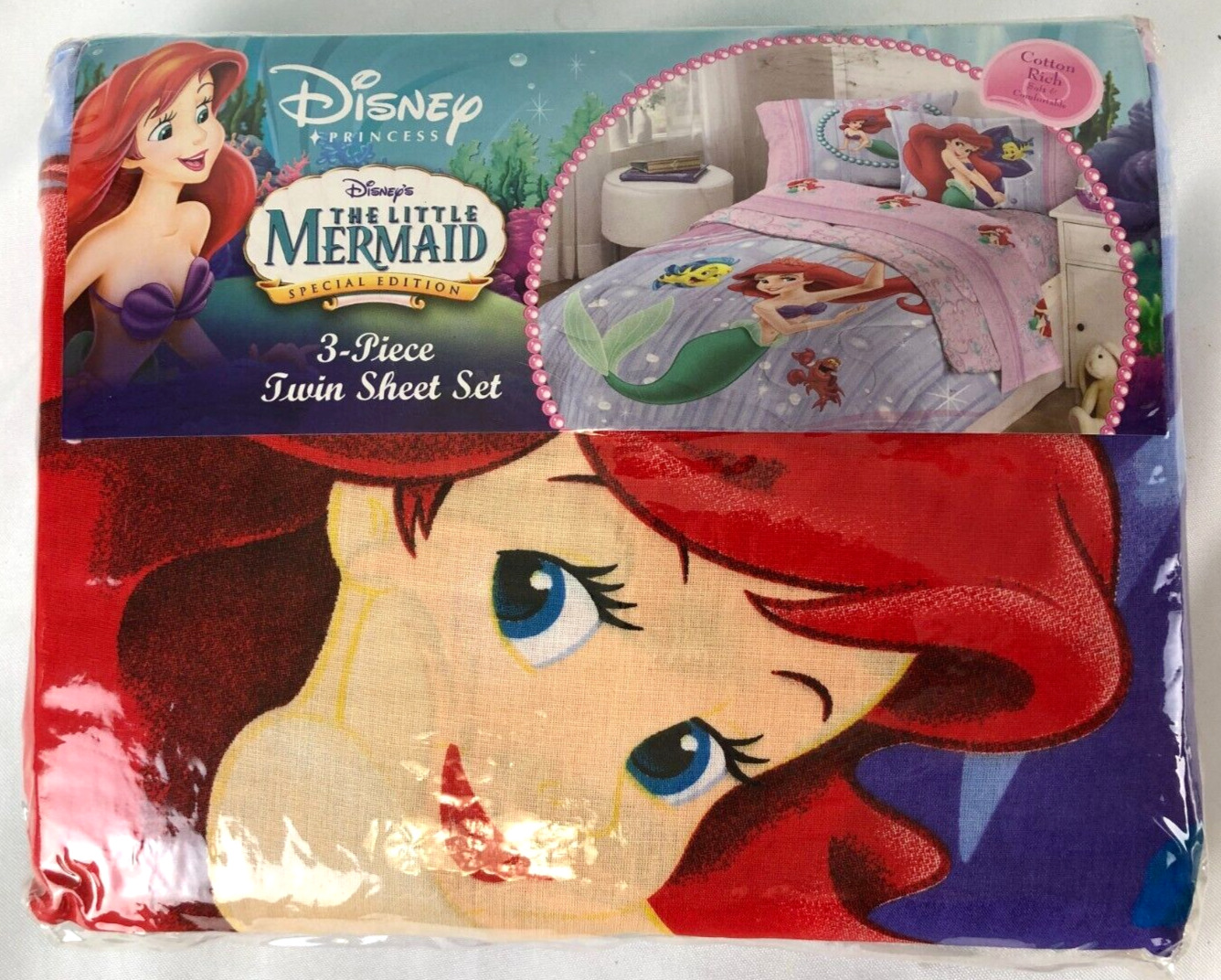 Disney Little Mermaid 3 Piece Twin Sheet Set 90s Flat Fitted Pillowcase NOS