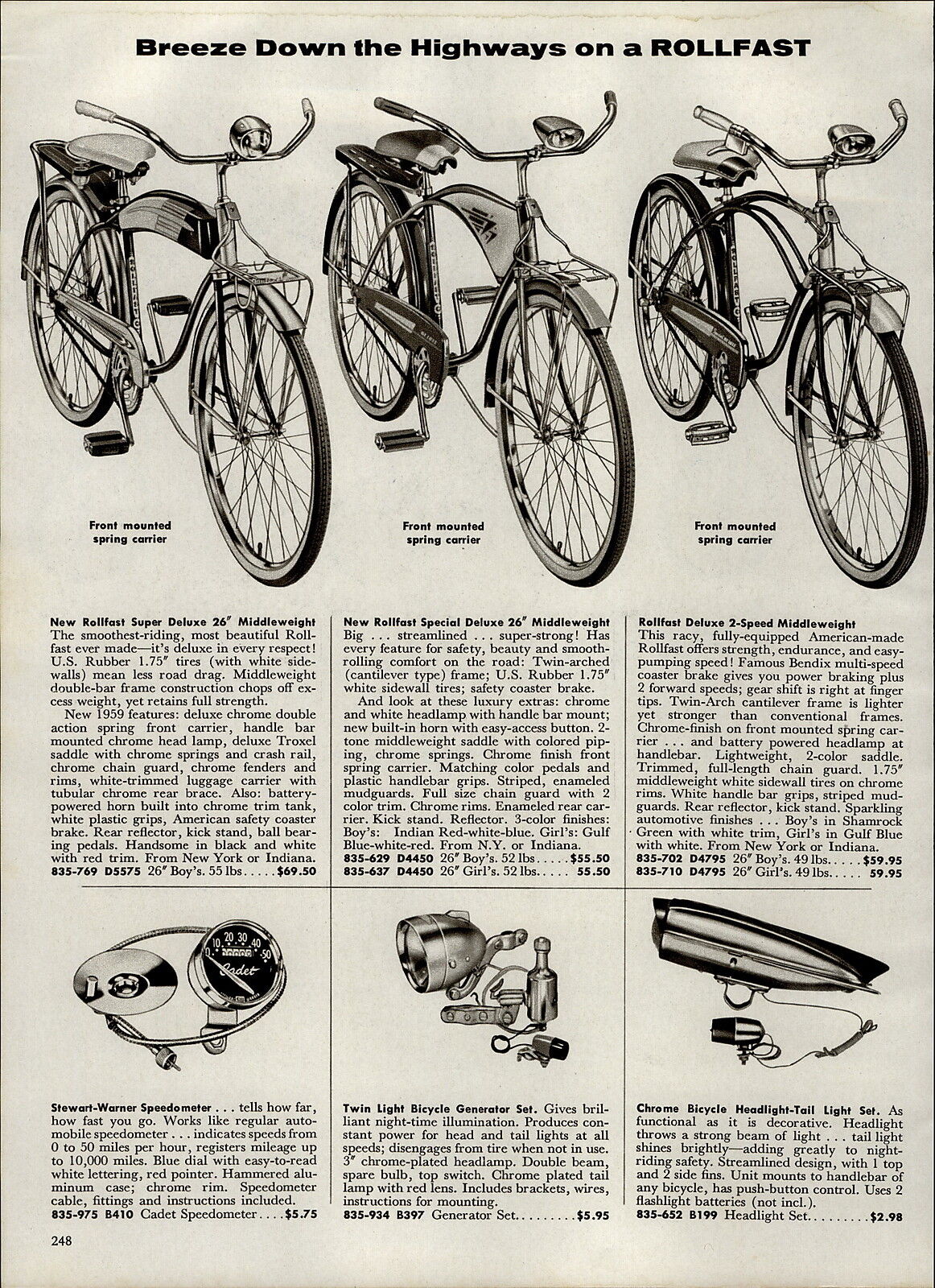1959 PAPER AD 2 PG Rollfast Bicycle Super Deluxe Special Tank Light Book Rack