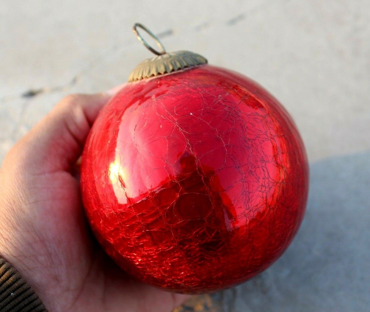 Rare Antique Red Crackled Glass Kugel Ball: Thick Christmas Decorative Ornament