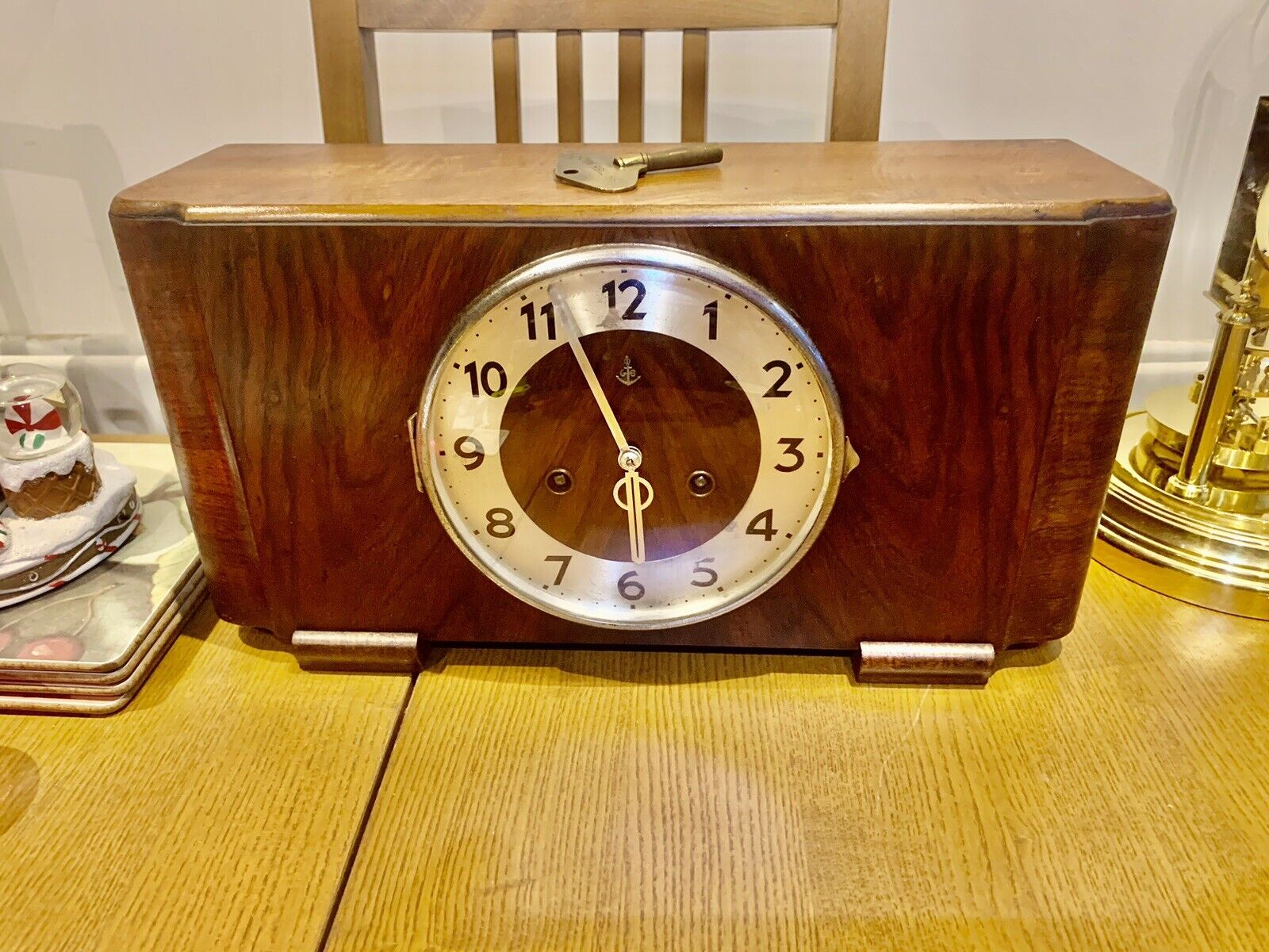 Beautiful 1935 Art Deco Large Gustav Becker Mantel Clock  Solid Walnut Case