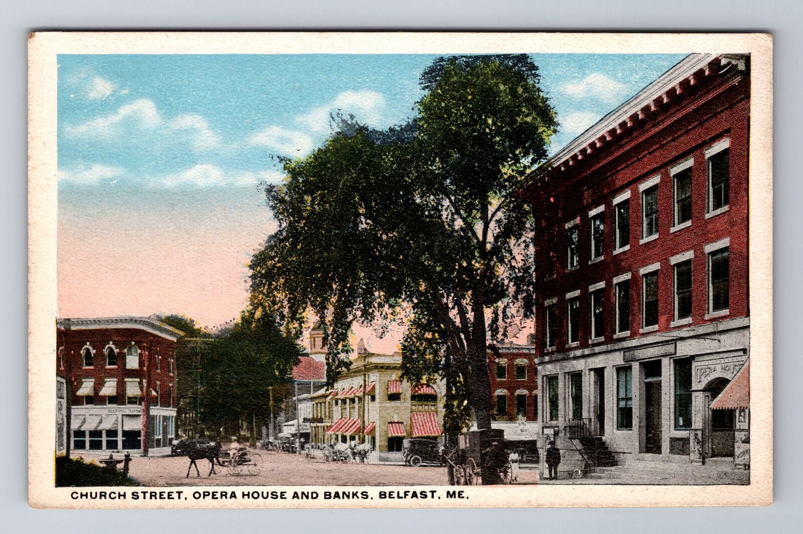 Belfast ME-Maine, Church Street, Opera House & Banks, Antique Vintage Postcard