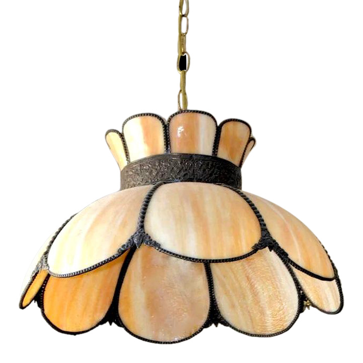 1930s Large Tulip Honey Slag Glass Hanging Lamp