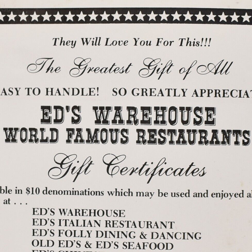 1980s Honest Ed's Warehouse Restaurant Gift Certificate Ad Toronto Canada