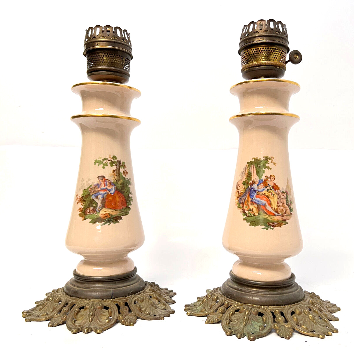 Paul Hanson Table Lamp Pair, Vintage Painted Porcelain & Brass, Antique Lanterns