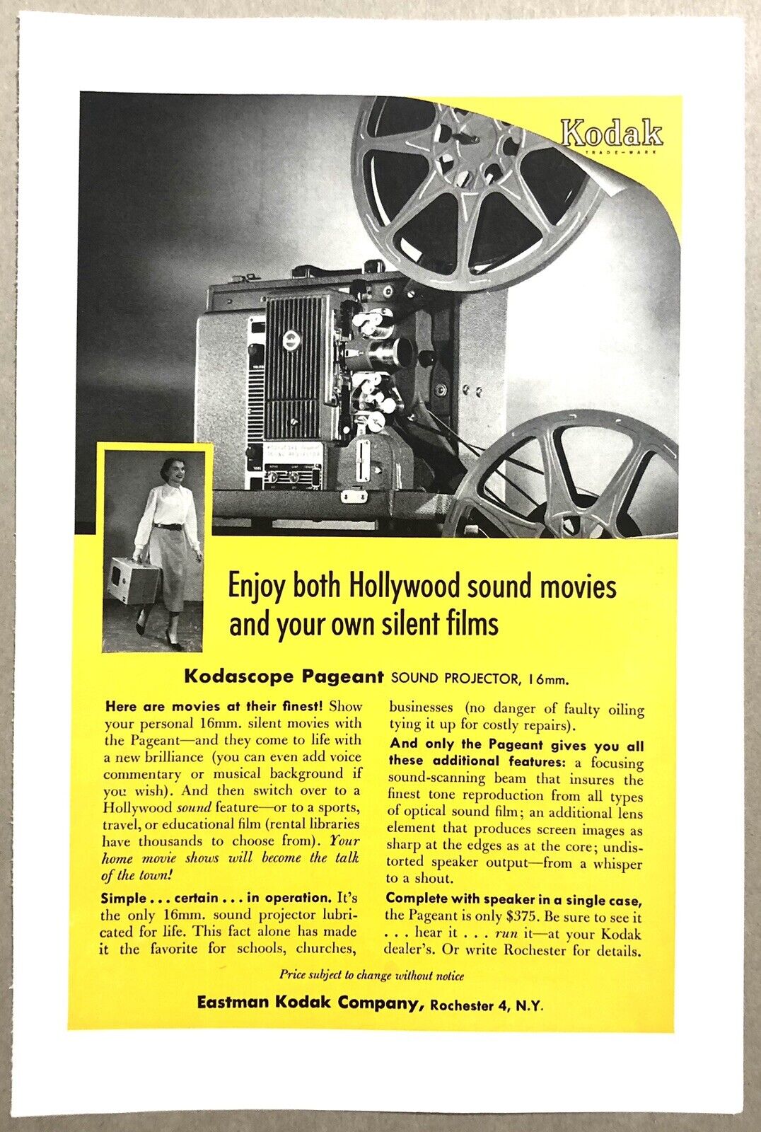 Vintage 1954 Original Print Ad Full Page - Kodak Kodascope Pageant Projector