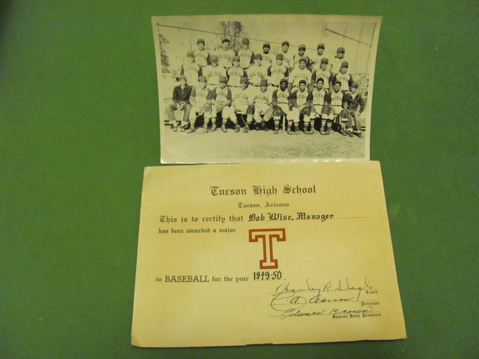1949-50 Tucson Arizona High School Boys Baseball Team Photo & Certificate.