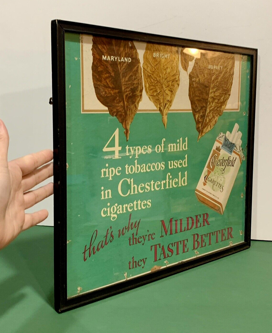 VTG 1940's Chesterfield Cigarettes CARDBOARD SIGN 4 Types of Mild Tobacco poster