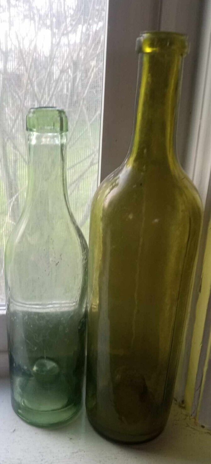 Early Light Olive Yellow, Green Utility Or Wine Bottles W/ Kick Up Bases, 2 Pcs