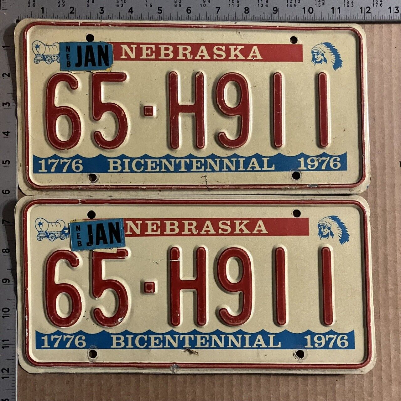 1976 Nebraska license plate pair 65 H 911 YOM DMV Box Butte Porsche M296