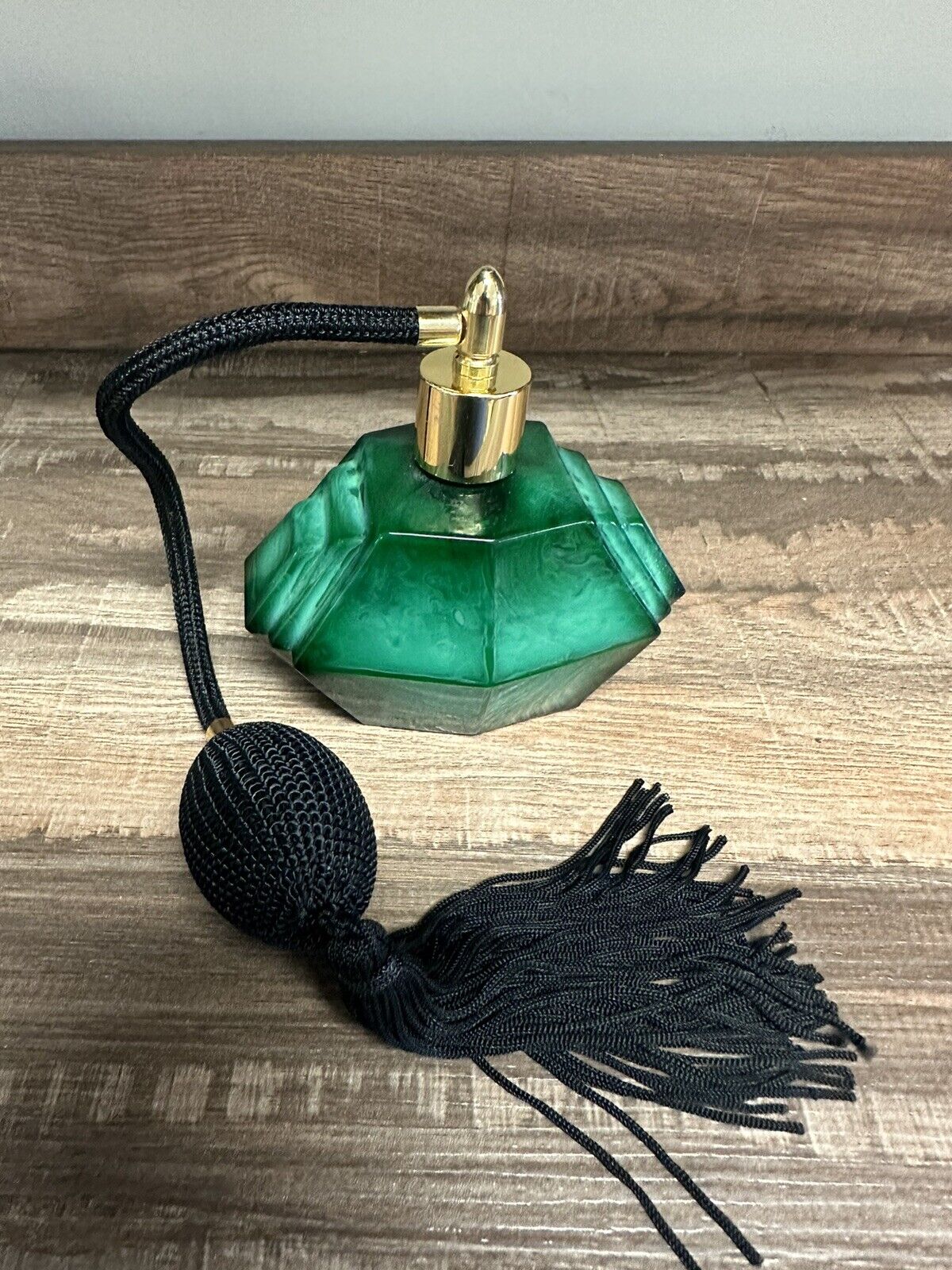 vintage bohemia Czechoslovak green perfume bottle atomizer jade malachite #3