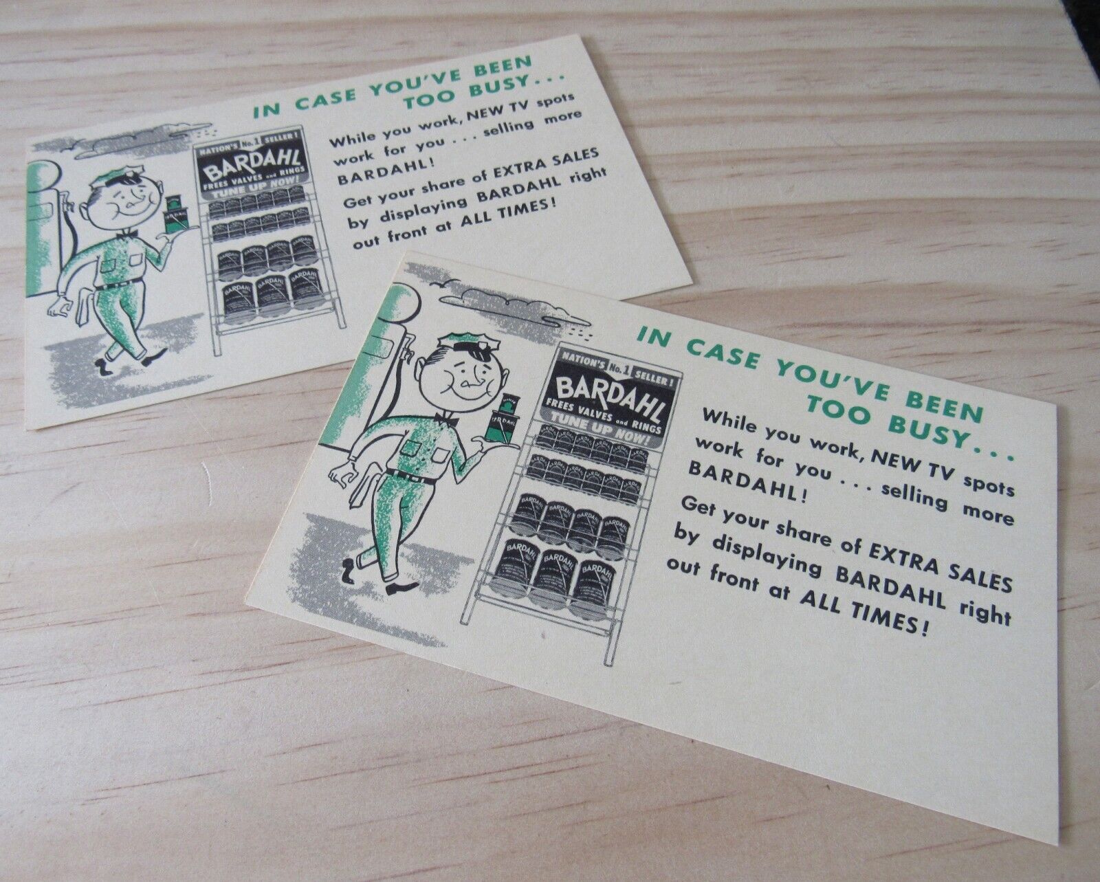 Two UNUSED Vintage BARDAHL OIL Reminder To Gasoline Service Stations Post Cards