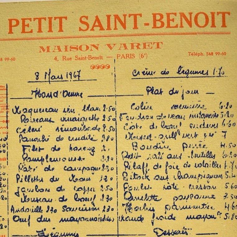 Vintage 1967 Le Petit Saint-Benoit Restaurant Menu Maison Varet Paris France