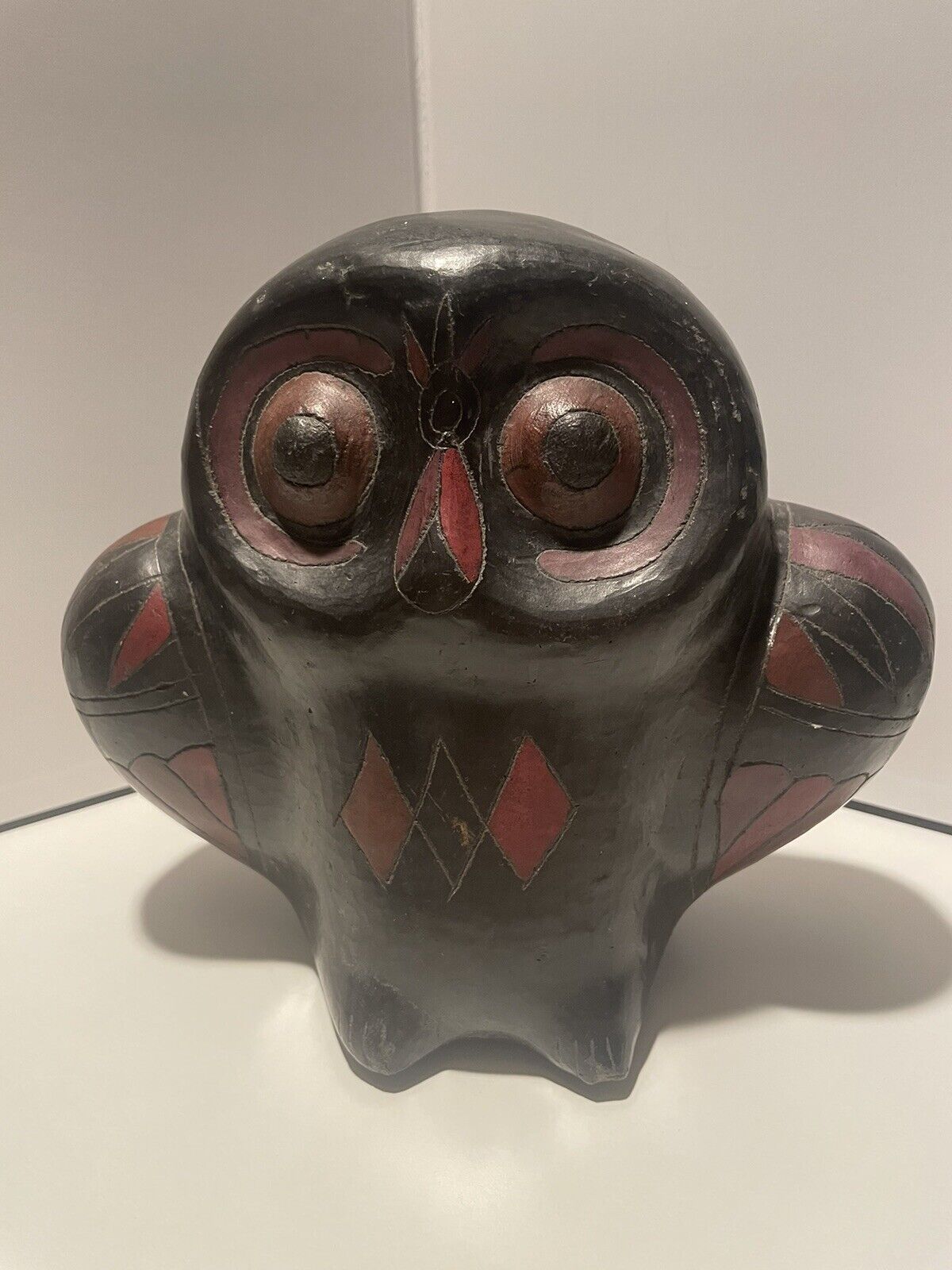 Vintage Hand Crafted Black Pottery Owl Folk Art Mexico