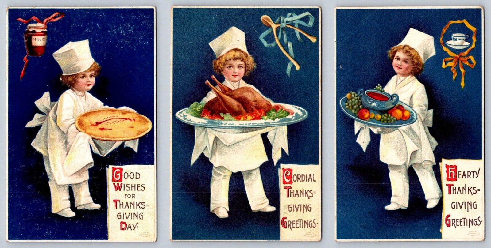 Lot of 3 Clapsaddle Thanksgiving Little Chefs~Pies~Turkey~Food~Postcards~h725