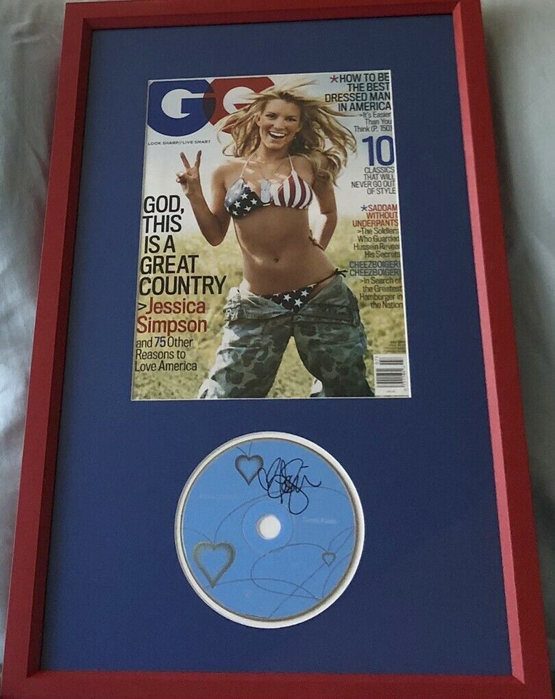 Jessica Simpson autographed signed Sweet Kisses CD framed w 2005 GQ bikini cover