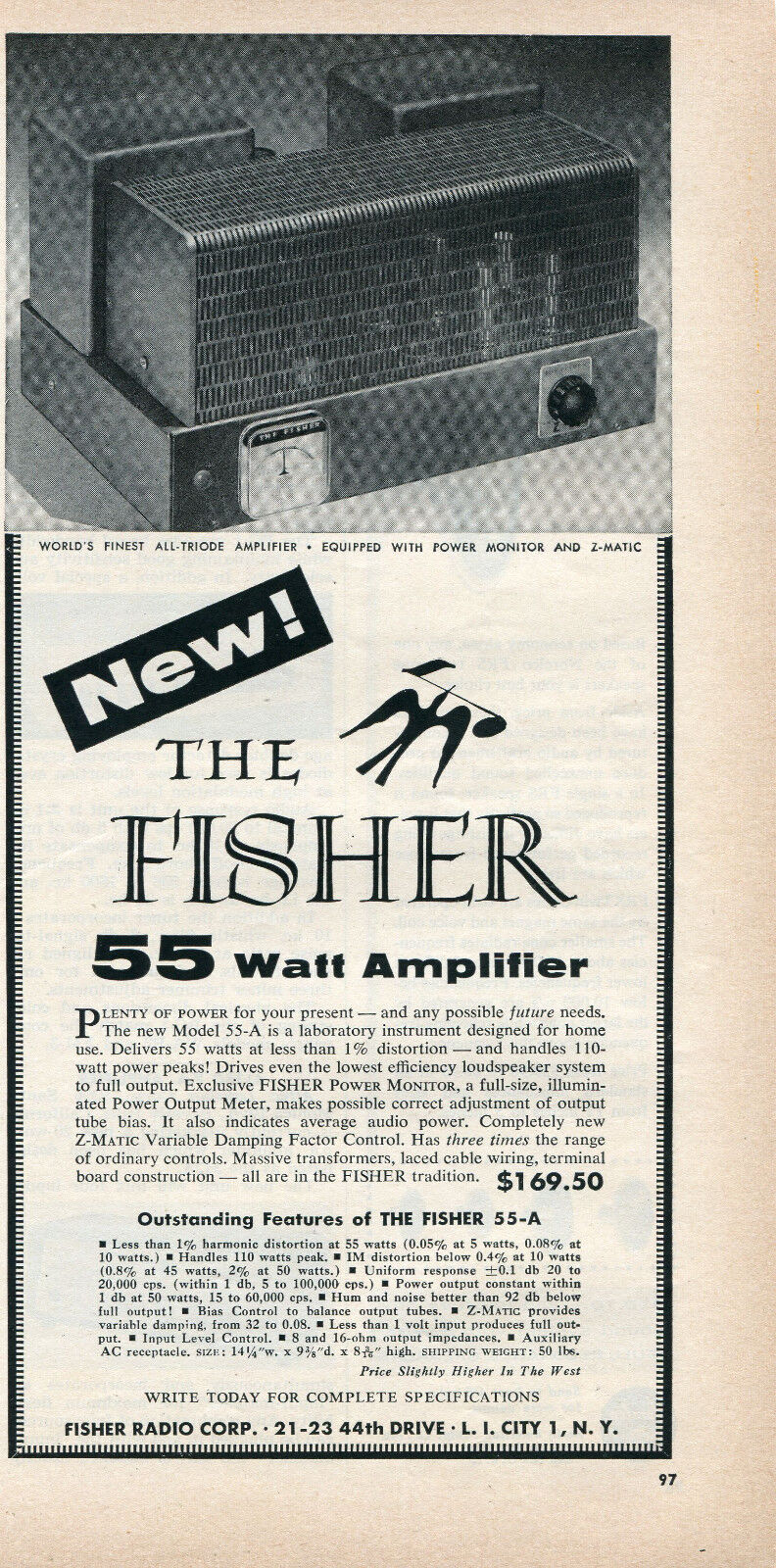 1956 Print Ad of The Fisher Model 55A 55 Watt Amplifier