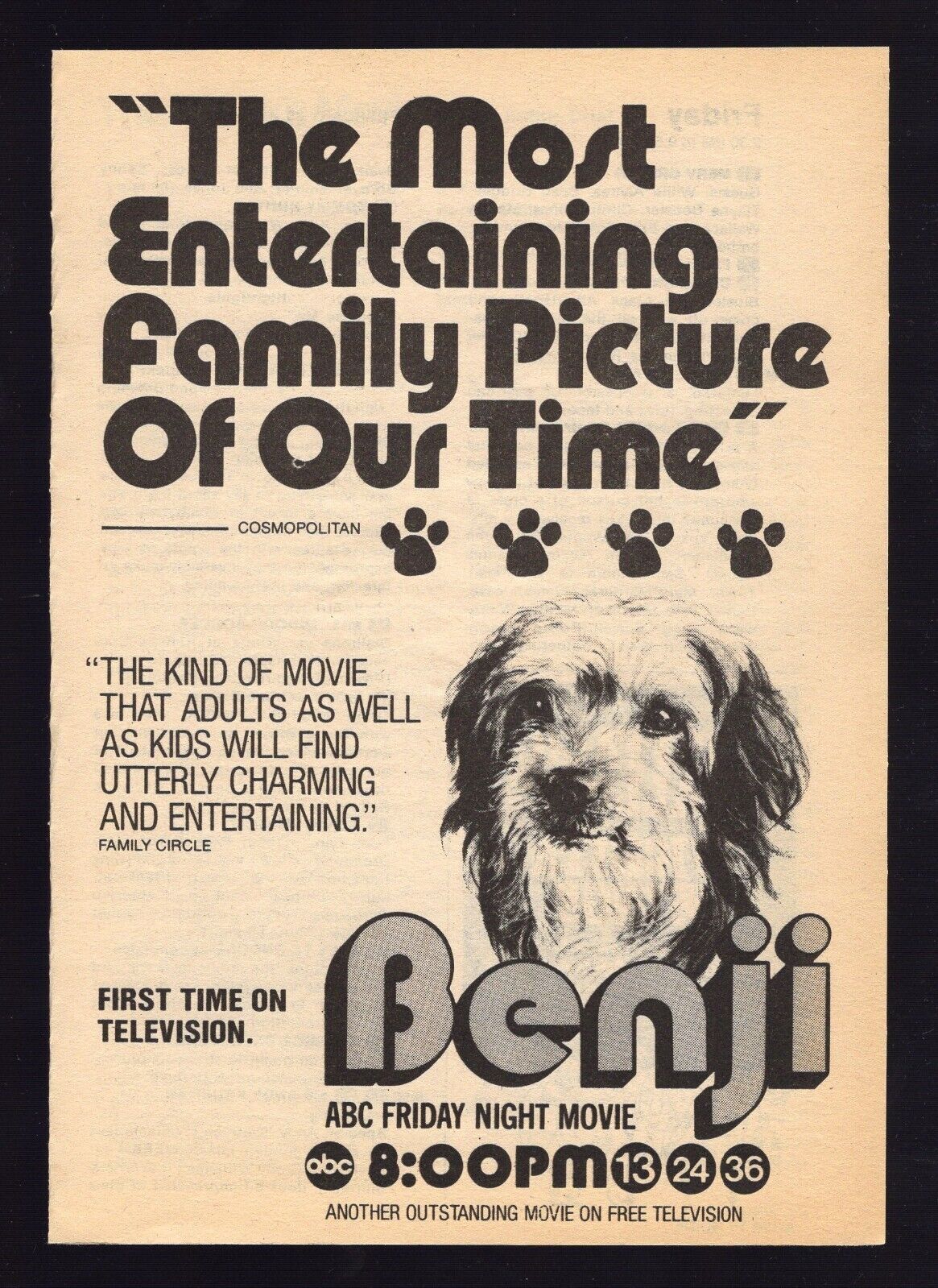 1980 TV MOVIE PROMO AD ~ BENJI FIRST TIME ON TELEVISION FULL PAGE DOG NO DVD VHS