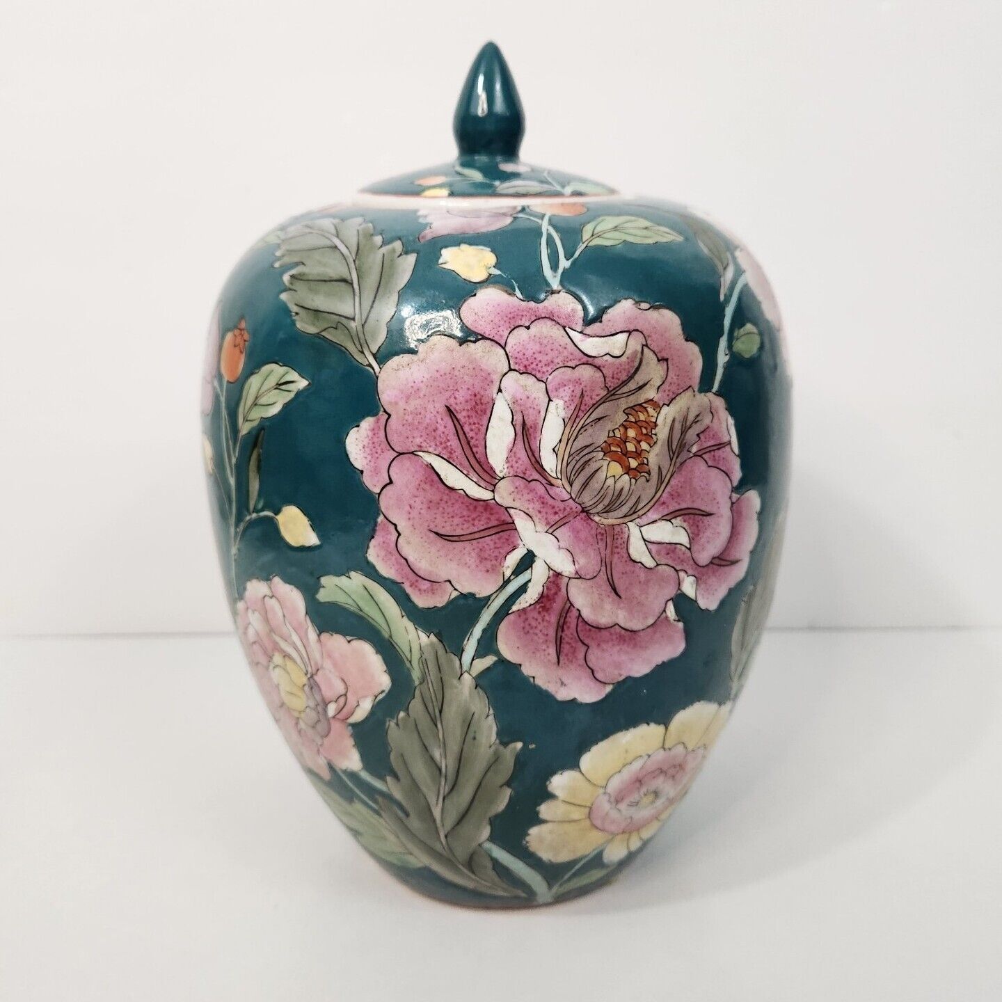 Vintage Hand Painted Floral Lidded Chinoiserie Jar Teal Pink Mid-century 