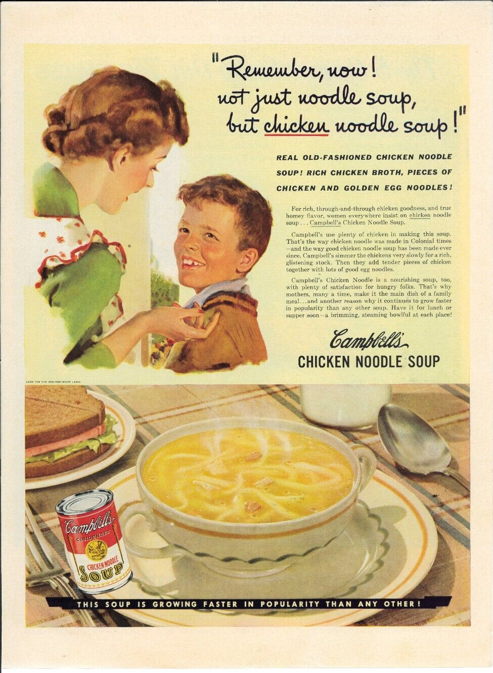 1942 CAMPBELLS Chicken Noodle Soup Mom Son Vintage Magazine Print Ad 10.25\