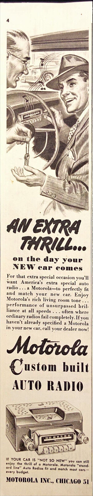 1949 Motorola Custom Built Auto Radio Print Ad Man with Hat Listening to Radio