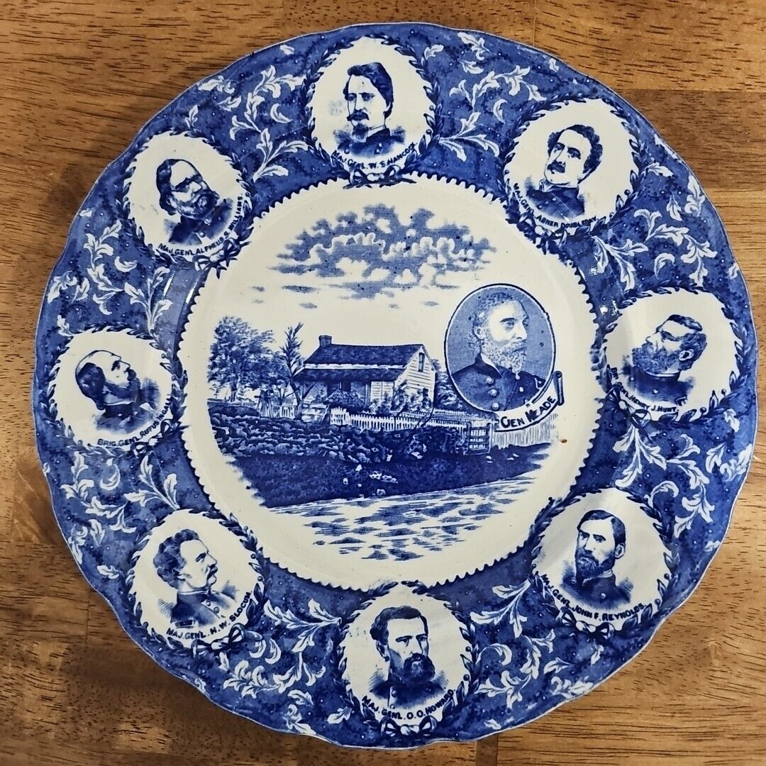 Antique Gettysburg Battle 1865-1913 Civil Ware Gen Mead Blue Transferware Plate