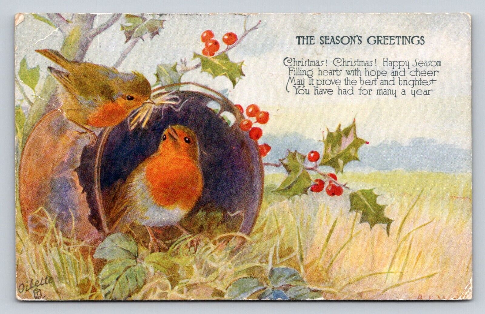 c1910  Raphael Tuck Birds Holly Nest Seasons Greetings Christmas P805
