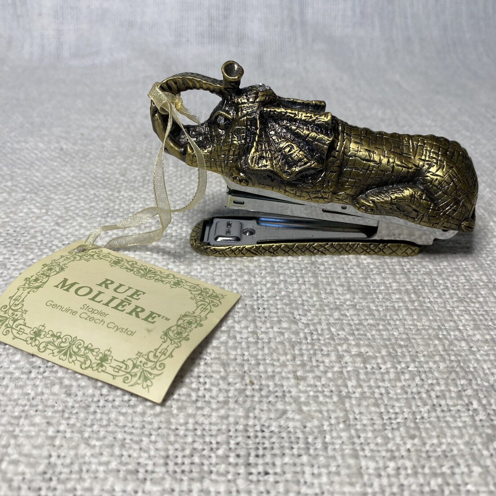 Vintage Brass Elephant Stapler Office Tools Rue Molière Genuine Czech Crystal