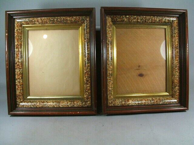 Antiq Pair Walnut Deep Picture Frames 12 x 14 Gold Gilt &Faux Marble Orig Glass