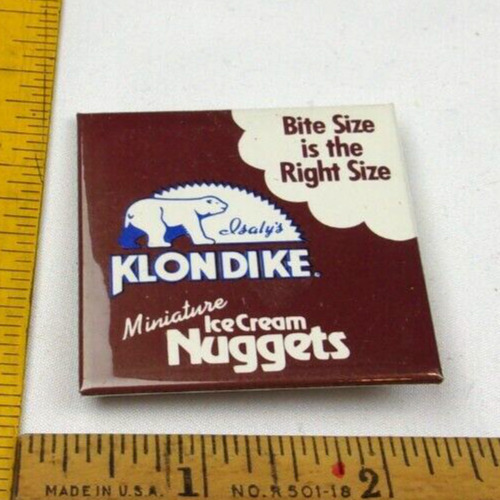 Klondike miniature Ice Cream Nuggets 1980s pin back button Isaly\'s theaters