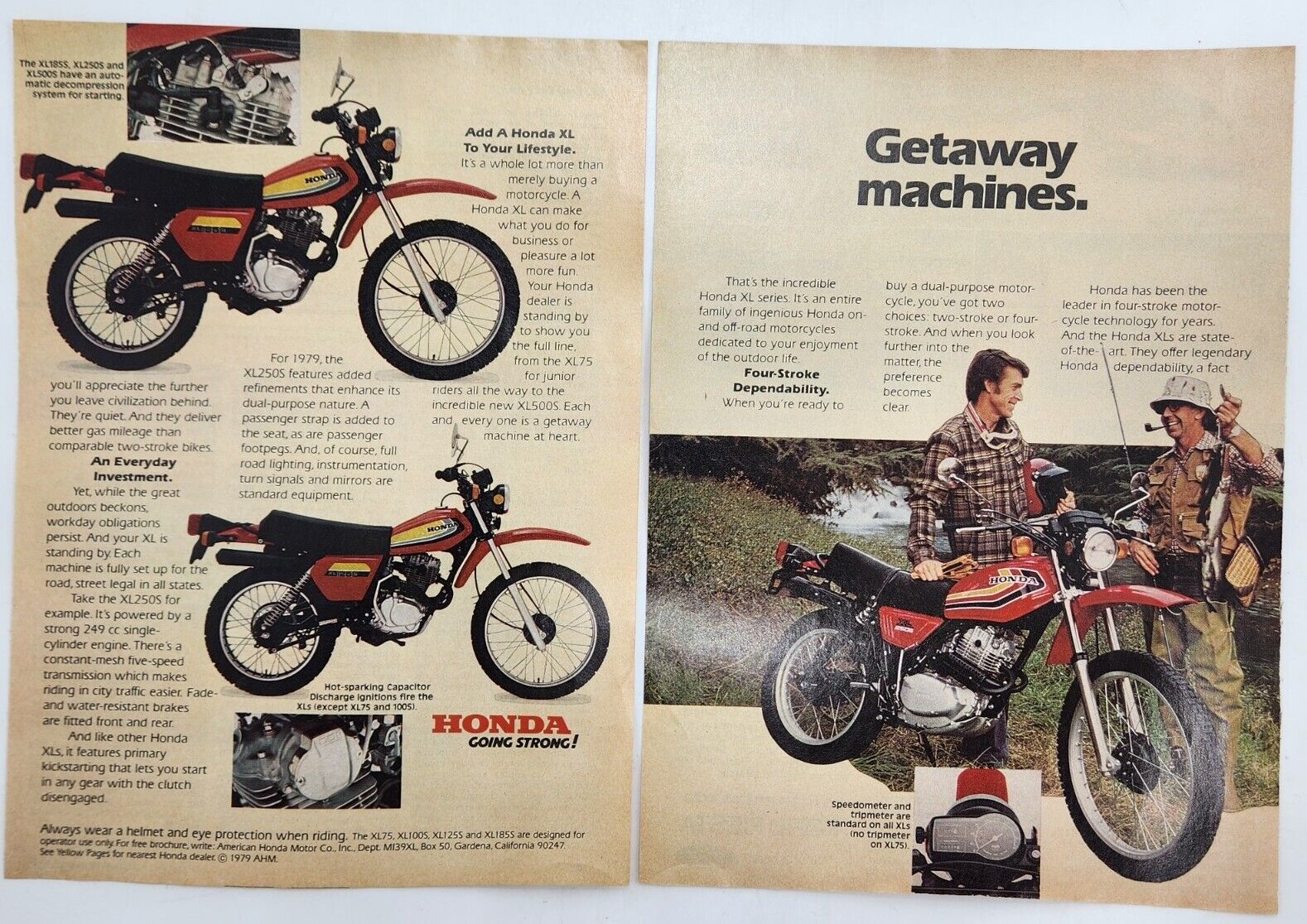 1979 Honda XL Series Motorcycle Vtg Two Page Print Ad Poster Man Cave Art Deco