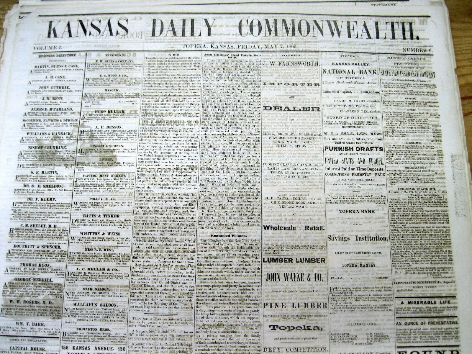 Rare original 1869 Volume I issue of KANSAS DAILY COMMONWEALTH newspaper TOPEKA