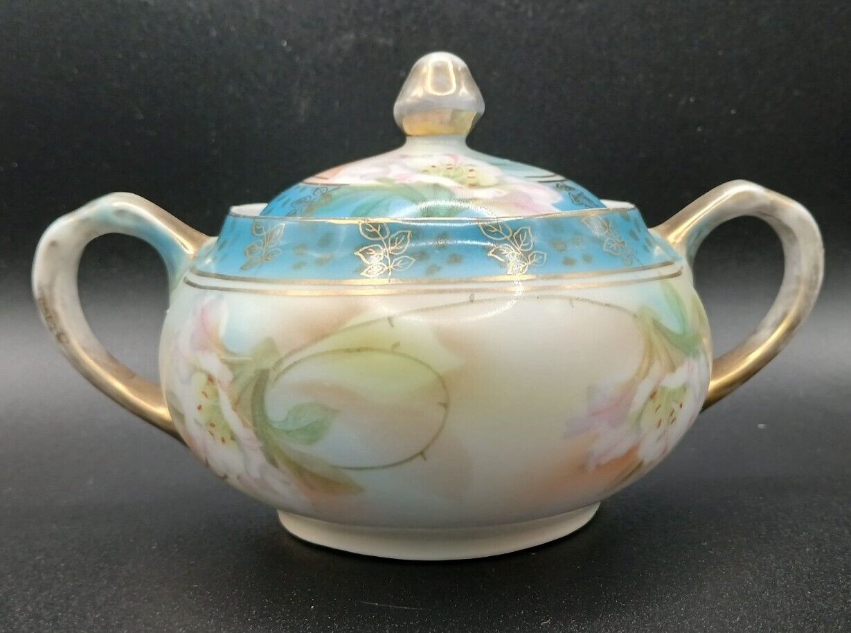 Antique R S Prussia Porcelain Lidded Sugar Bowl Floral Decor Gold Trimmed