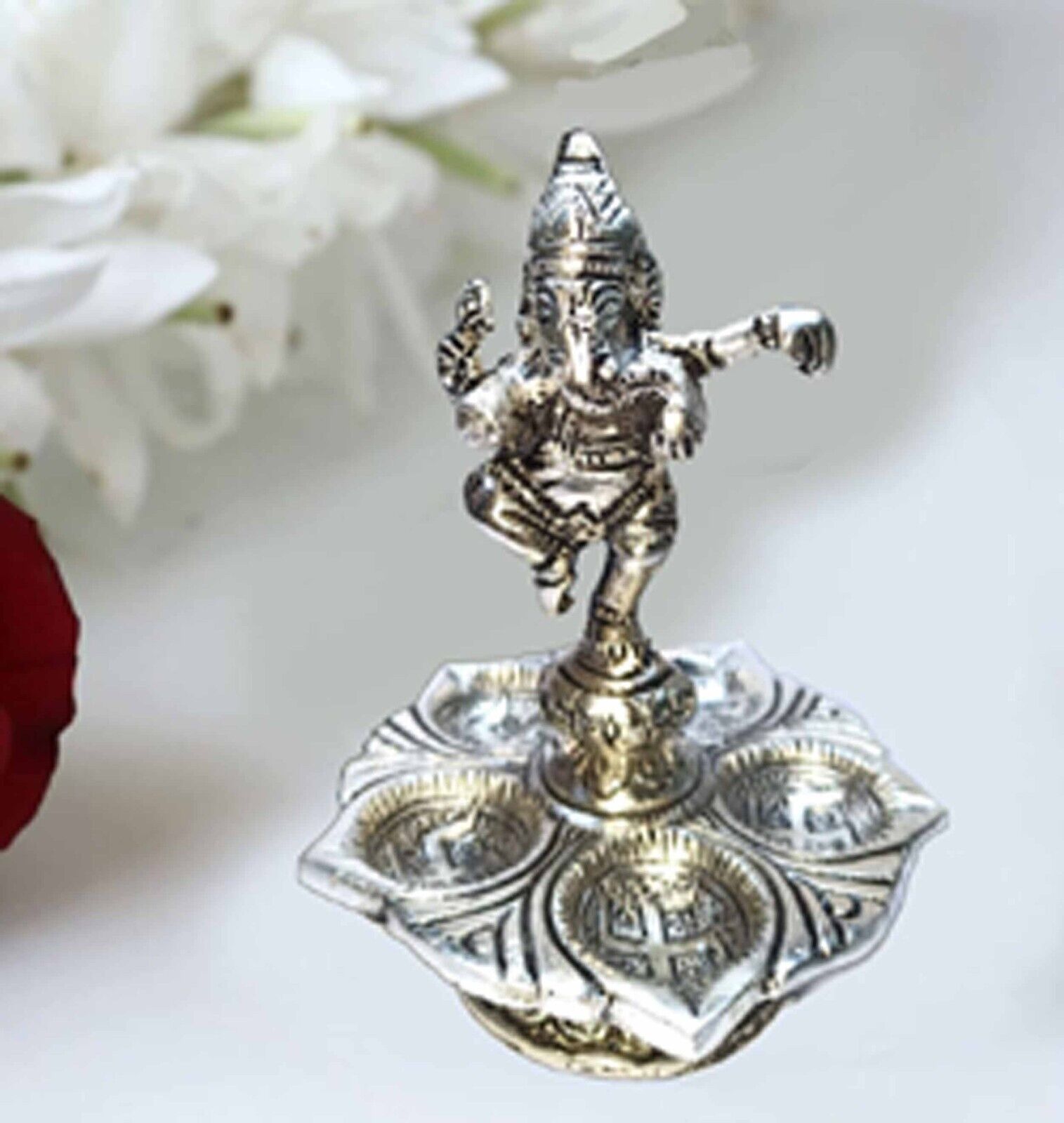 Metal Dancing Ganesha Over Ethnic Legs Five Oil Wick Diya Panch Mukhi Deep, Deep