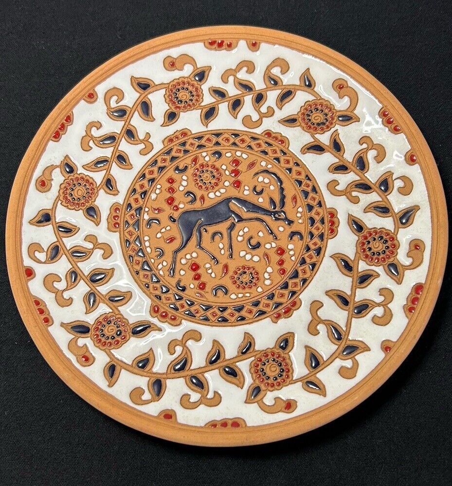 Hand Painted Bonus Pottery Rhodes Greece Terracotta Wall Deer Floral Plate 8.5”