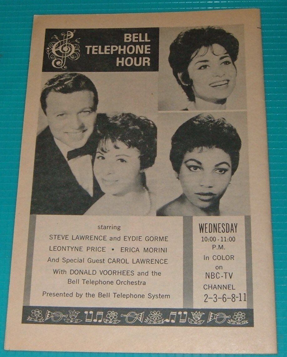 1963 TV AD LEONTYNE PRICE ERICA MORINI BELL TELEPHONE HOUR EYDIE GORME