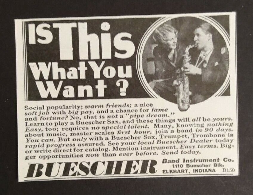 1933 Buescher Band Instrument Co. Advertisement Elkhart, Indiana