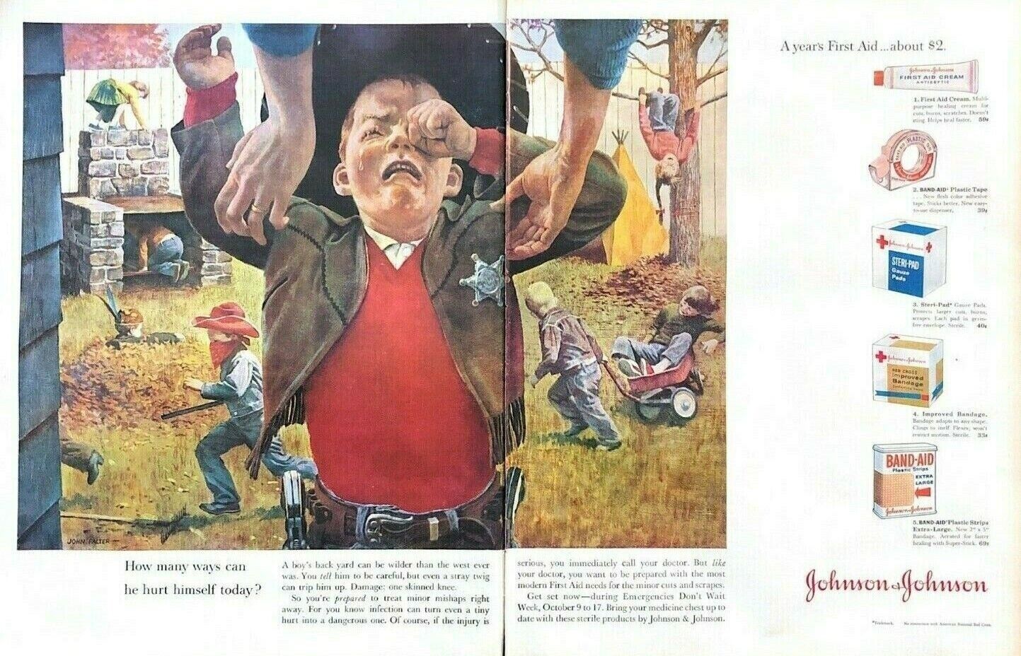 1959 Johnson & Johnson Band Aids Vintage Print Ad TWO PAGES Little Boy Crying 