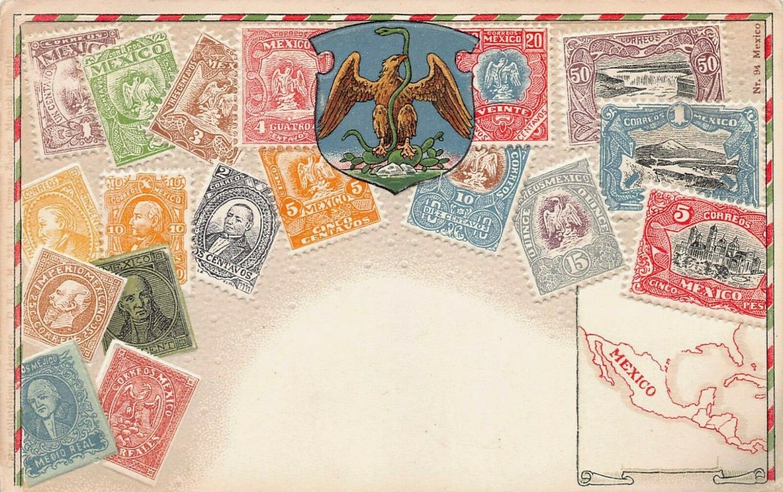 Mexico, Stamp Images on Early Embossed Postcard, Published by Ottmar Zieher