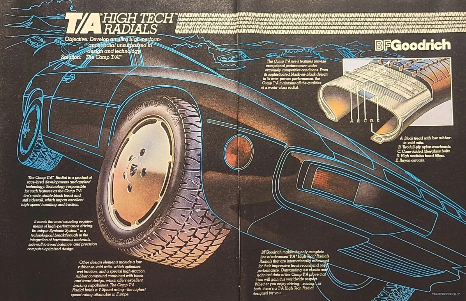 BFGoodrich Comp T/A Radial Tires Porsche 924 Outline Tron Vintage Print Ad 1982