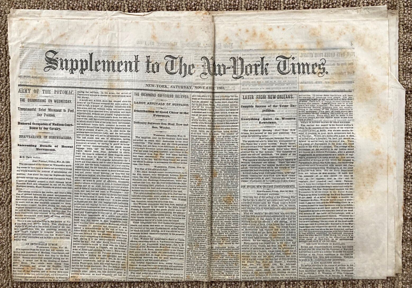 RARE CIVIL WAR NEW YORK TIMES SUPPLEMENT NOV 21, 1863 LINCOLN at GETTYSBURG