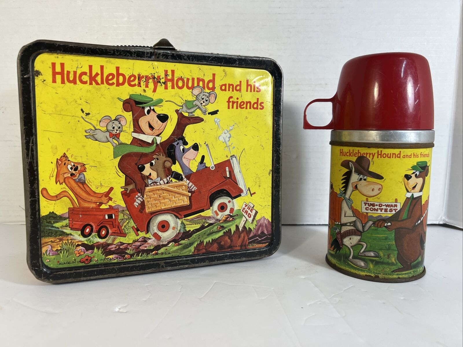 1961 Huckleberry Hound Metal Lunch Box Thermos Lunchbox Aladdin Industries