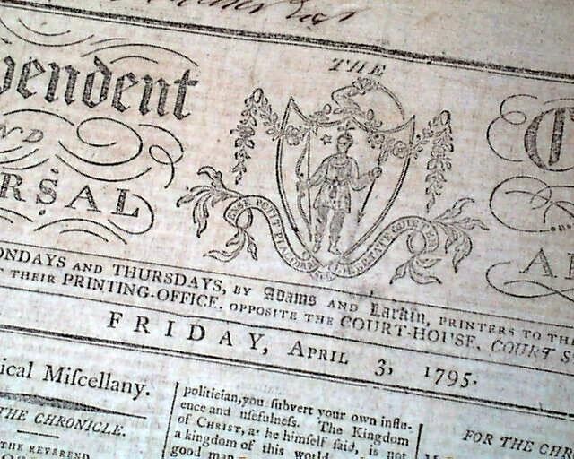 Nice 18th Century AMERICAN Boston Massachusetts w/ Masthead 1795 Old Newspaper