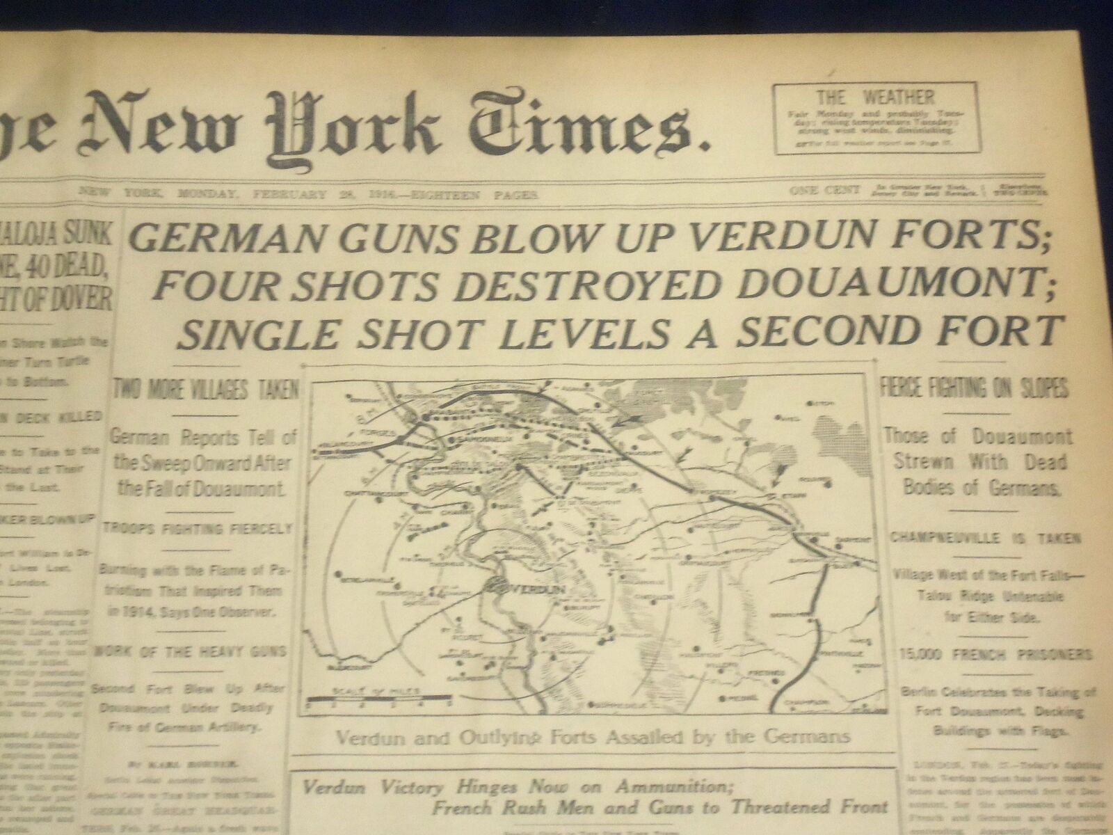 1916 FEBRUARY 28 NEW YORK TIMES - GERMAN GUNS BLOW UP VERDUN FORTS - NT 9040