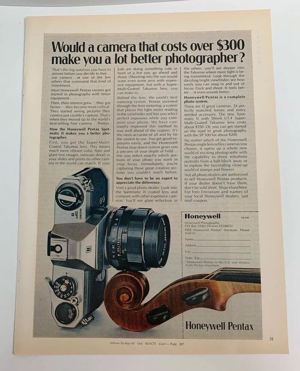 1972 Honeywell Pentax Spotmatic Takamur Lens Vintage Color Print Ad