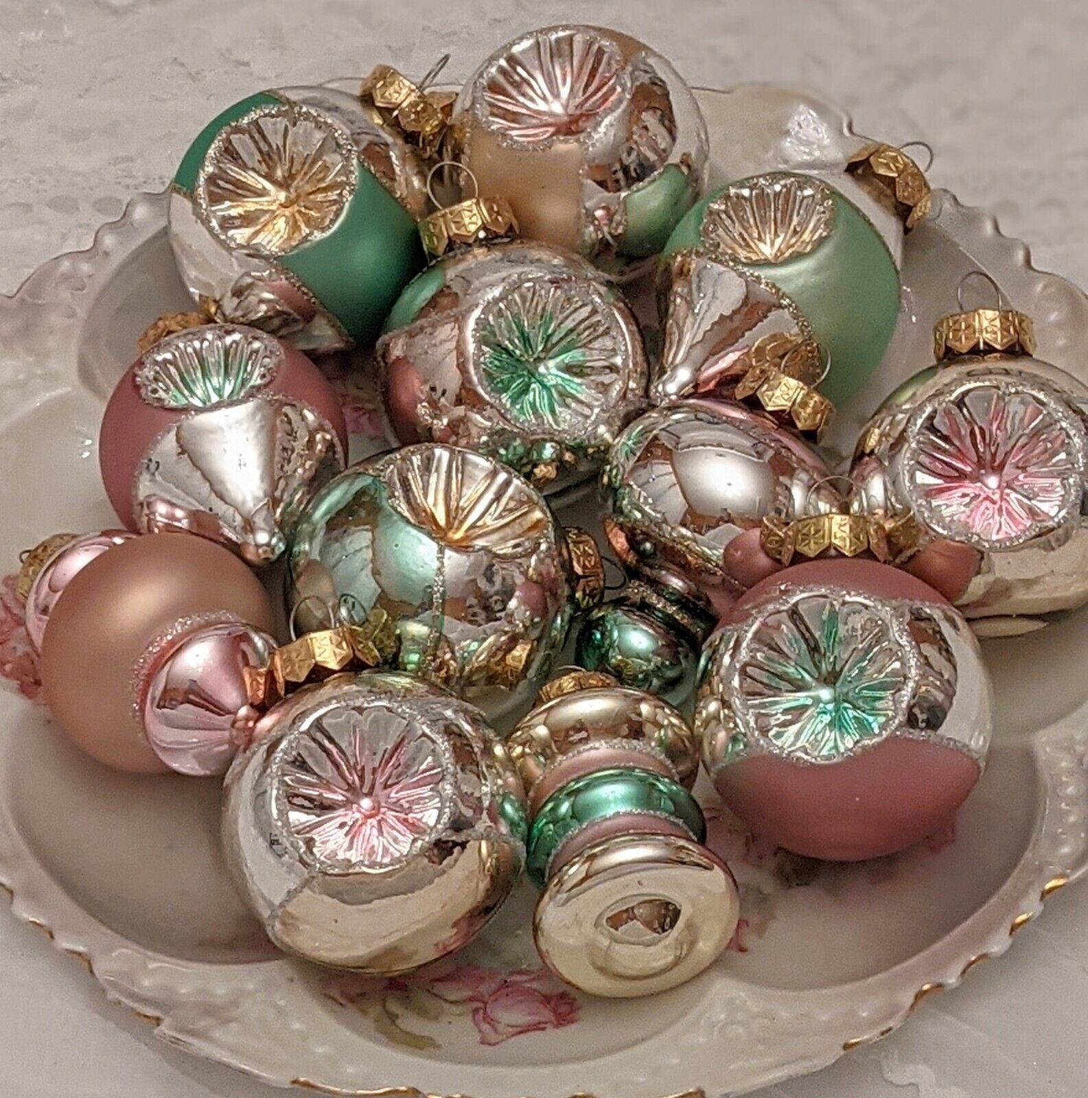 Shabby Chic Vintage Style Lot 12 Pink Green Glass Indent Christmas Ornaments 
