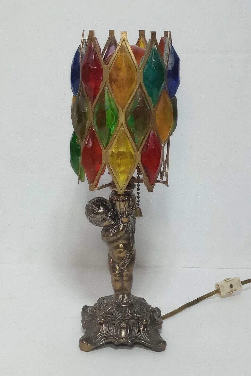 VTG L&L WMC Cherub Brass Desk Lamp Working Colorful plastic Diamond Pattern READ